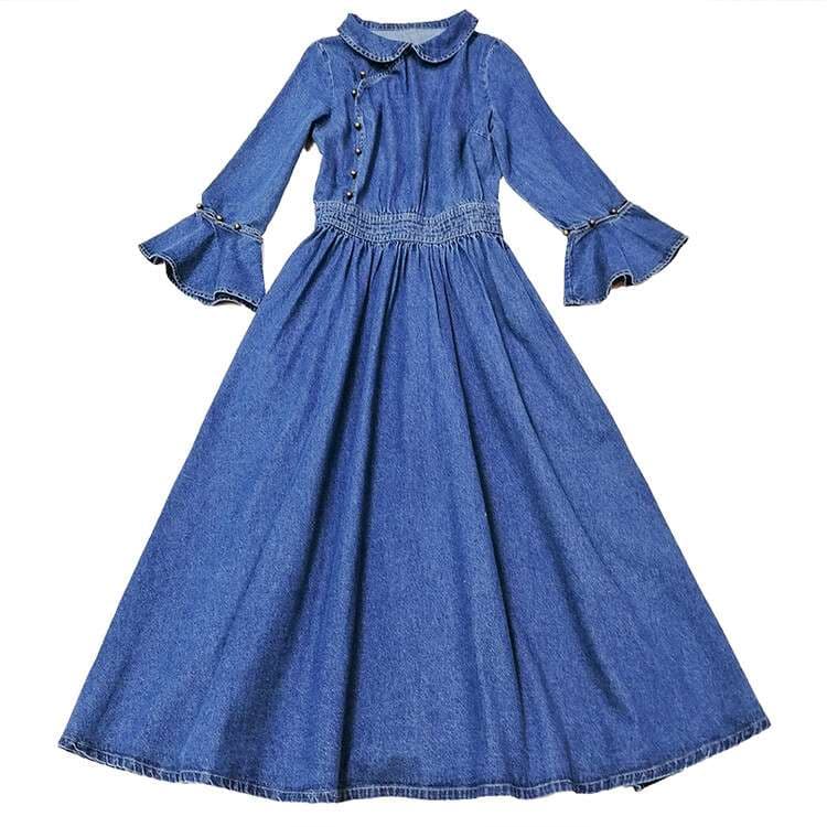 デニムワンピース 上品デニムの優雅なロングドレス