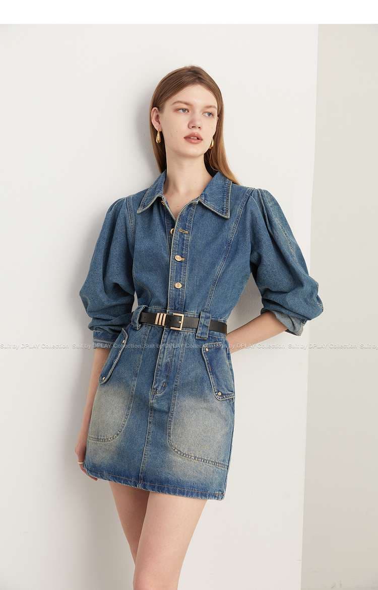 デニムワンピース パフスリーブデニムミニワンピース