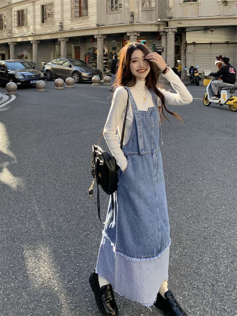 デニムワンピース 重ね着風デニムサロペットワンピース