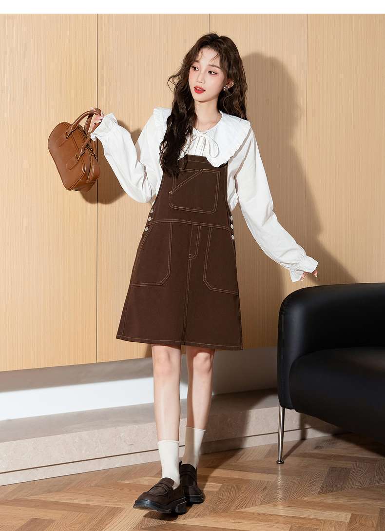 デニムワンピース フリンジデニムサロペットワンピース