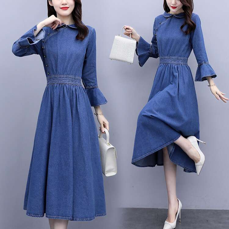 デニムワンピース 上品デニムの優雅なロングドレス