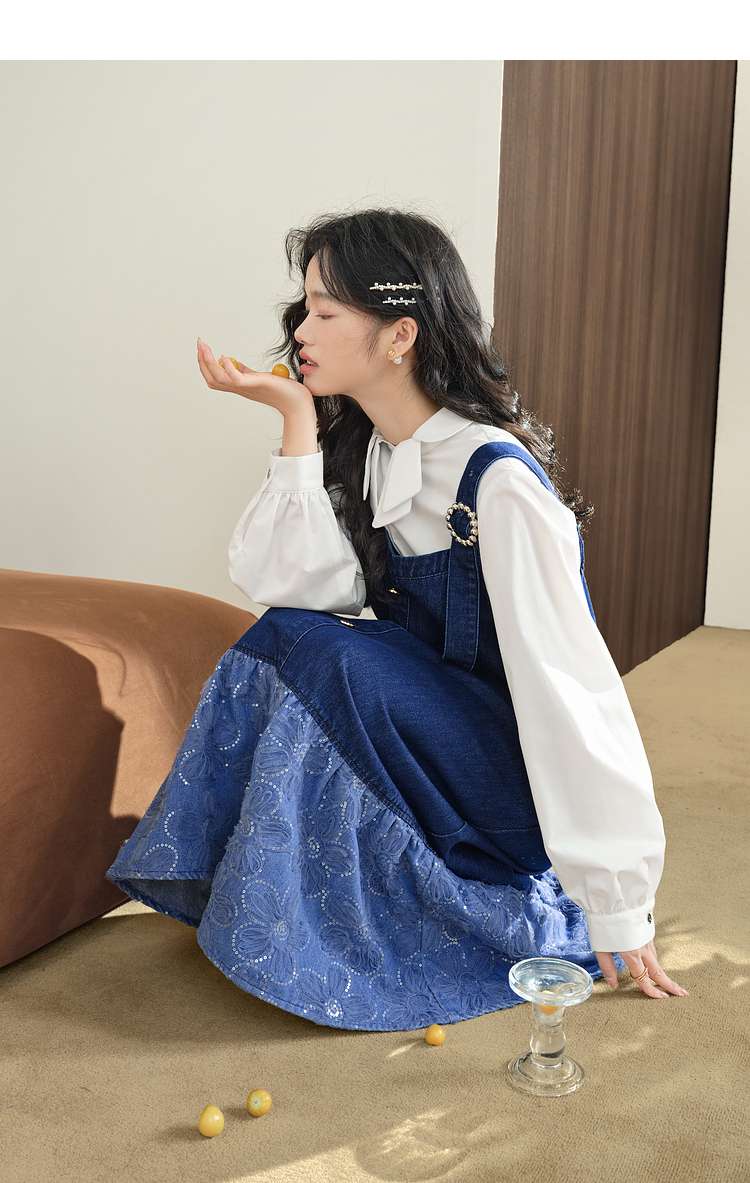 デニムワンピース フラワー刺繍デニムジャンパースカート