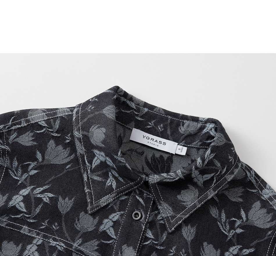 デニムワンピース 花柄デニム ロングシャツワンピース