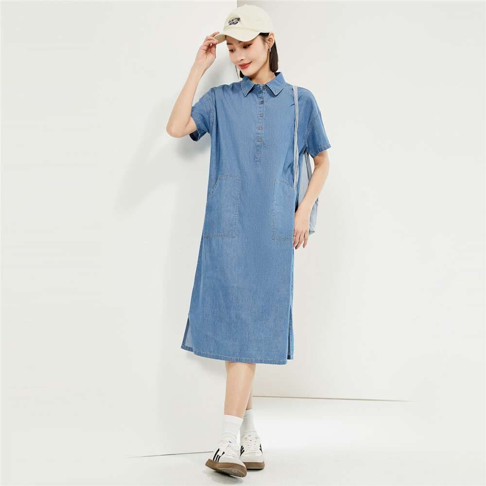 デニムワンピース 肩ゆったりデニムシャツワンピース