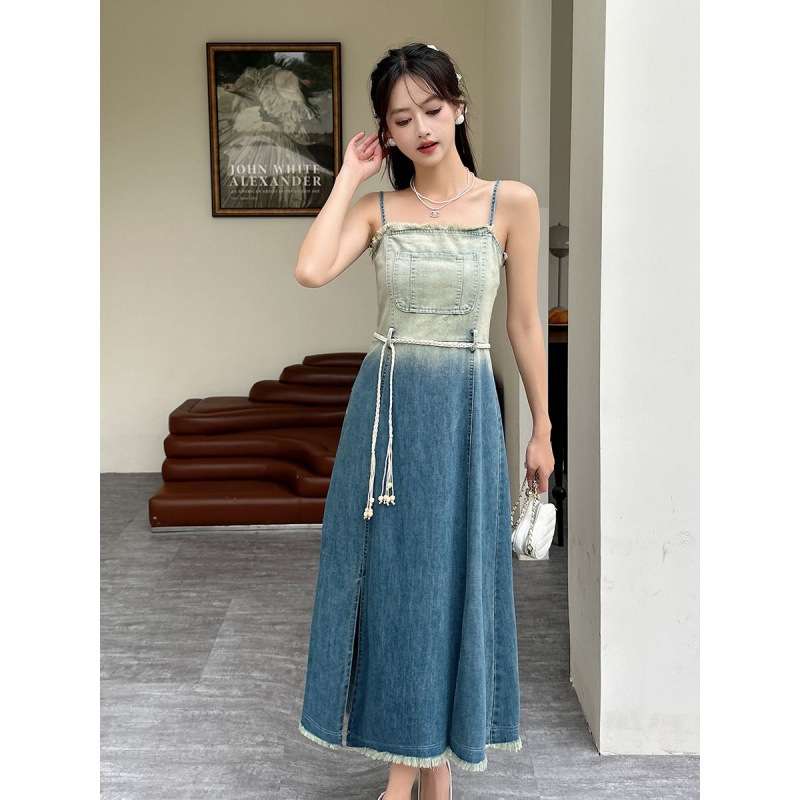 デニムワンピース ツートーンデニム風ロングワンピース