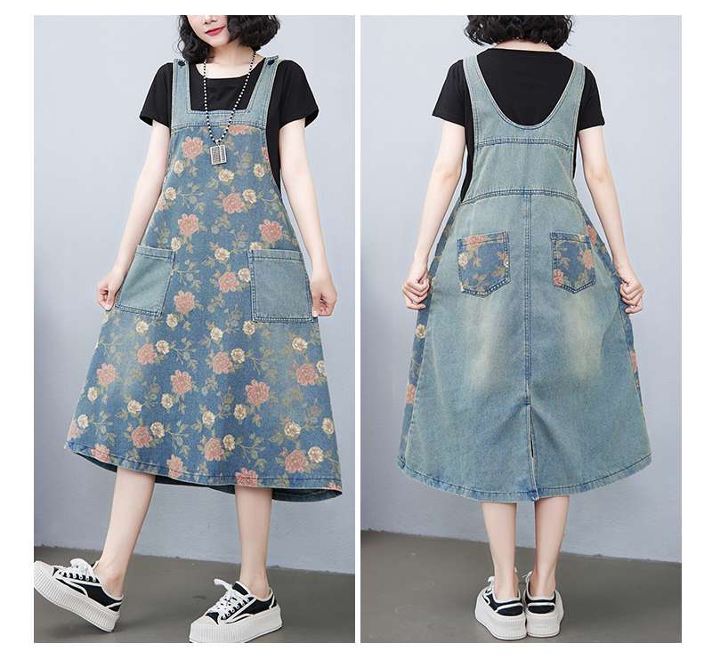 デニムワンピース 花柄デニムサロペットスカート