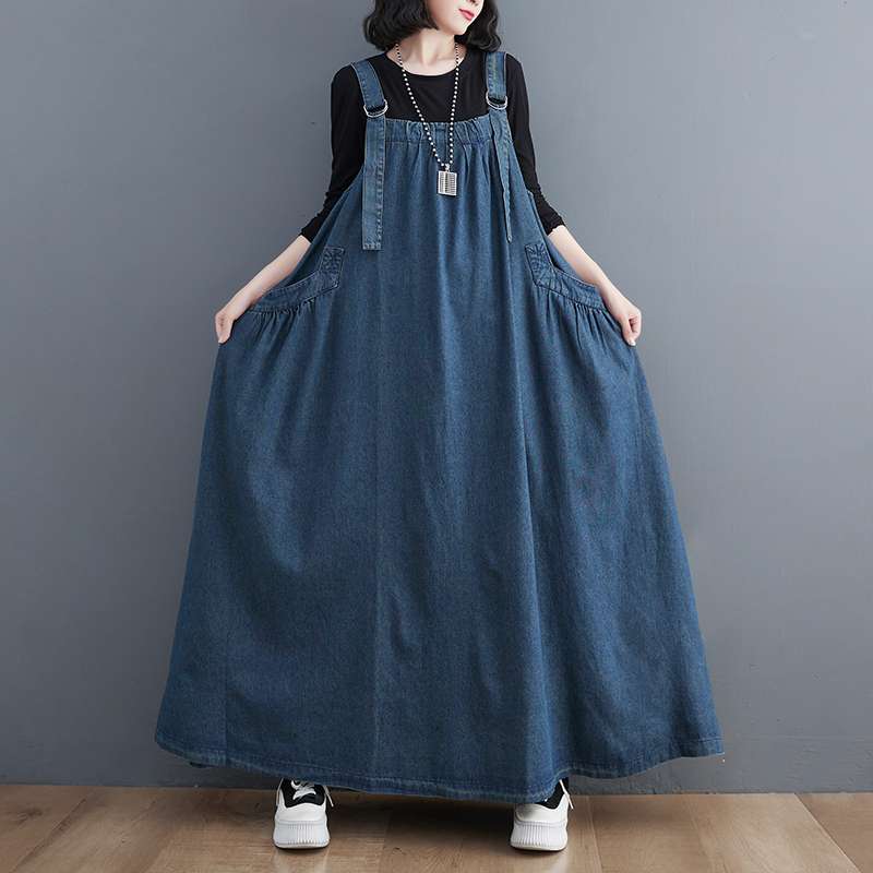 デニムワンピース ゆったりデニムサロペットワンピース