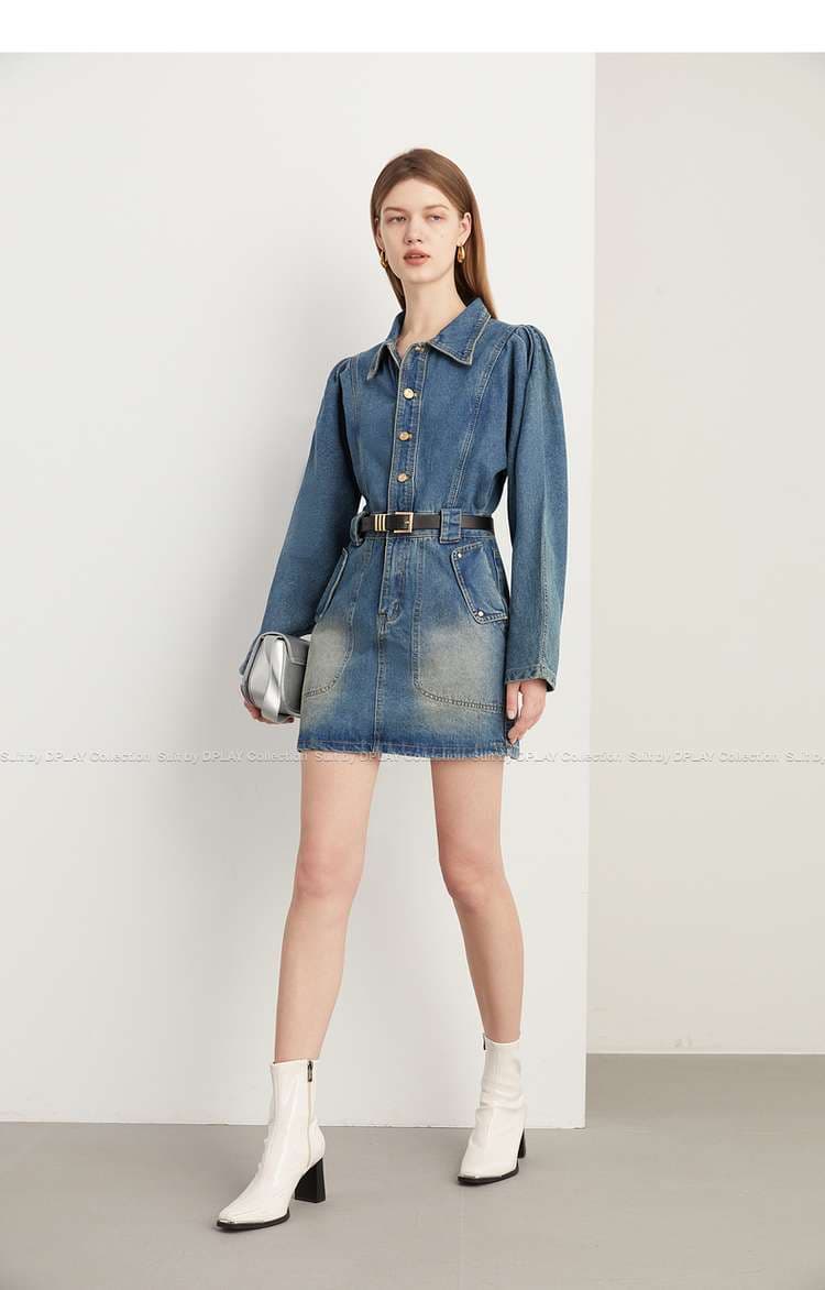 デニムワンピース パフスリーブデニムミニワンピース