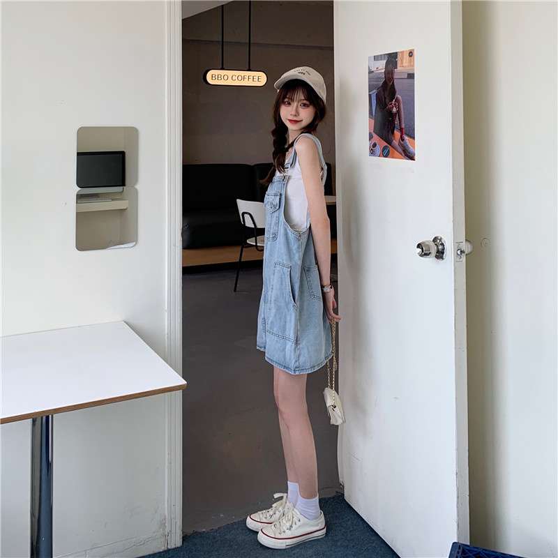 デニムワンピース カジュアルデニムサロペットワンピース