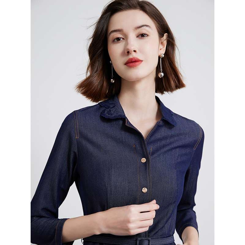 デニムワンピース エレガント レース裾 シャツワンピース