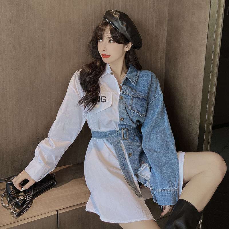 デニムワンピース デニム切替ストライプシャツワンピース